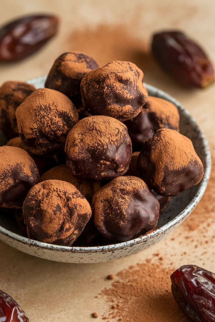 Indoor photo of dark chocolate date-based brownie bites rolled in cocoa powder, piled in a bowl. No text or logos.
