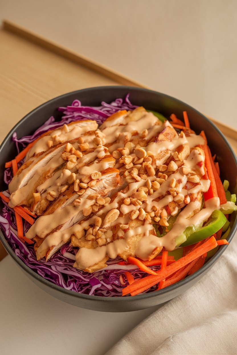 Indoor photo of a deep bowl filled with shredded purple cabbage, carrots, bell peppers, grilled chicken strips, and a light peanut dressing, sprinkled with chopped peanuts. No logos, no text.
