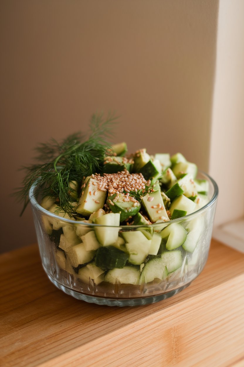 Photo of a glass bowl piled high with diced cucumber, avocado cubes, chopped fresh dill, and sesame seeds, shot indoors with soft window light, no text or logos.