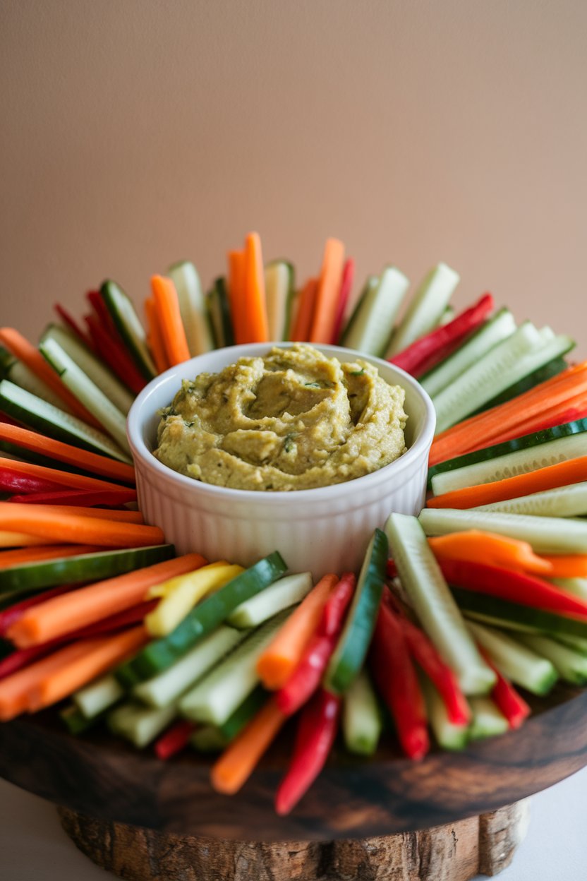 An indoor platter with colorful carrot, cucumber, and bell-pepper sticks surrounding a bowl of guacamole; photo, no text or logos.