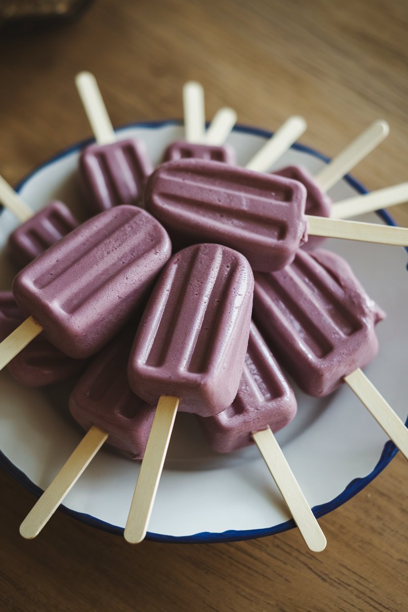 Photo of indoor plate of purple smoothie pops on wooden sticks, slight condensation, no text or logos.