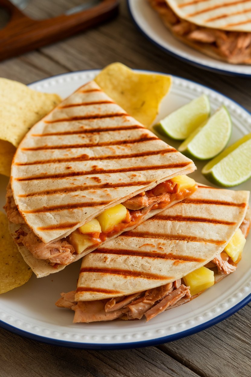Indoor dinner plate, smoky BBQ chicken and pineapple quesadilla with grill marks, photo, no text or logos.