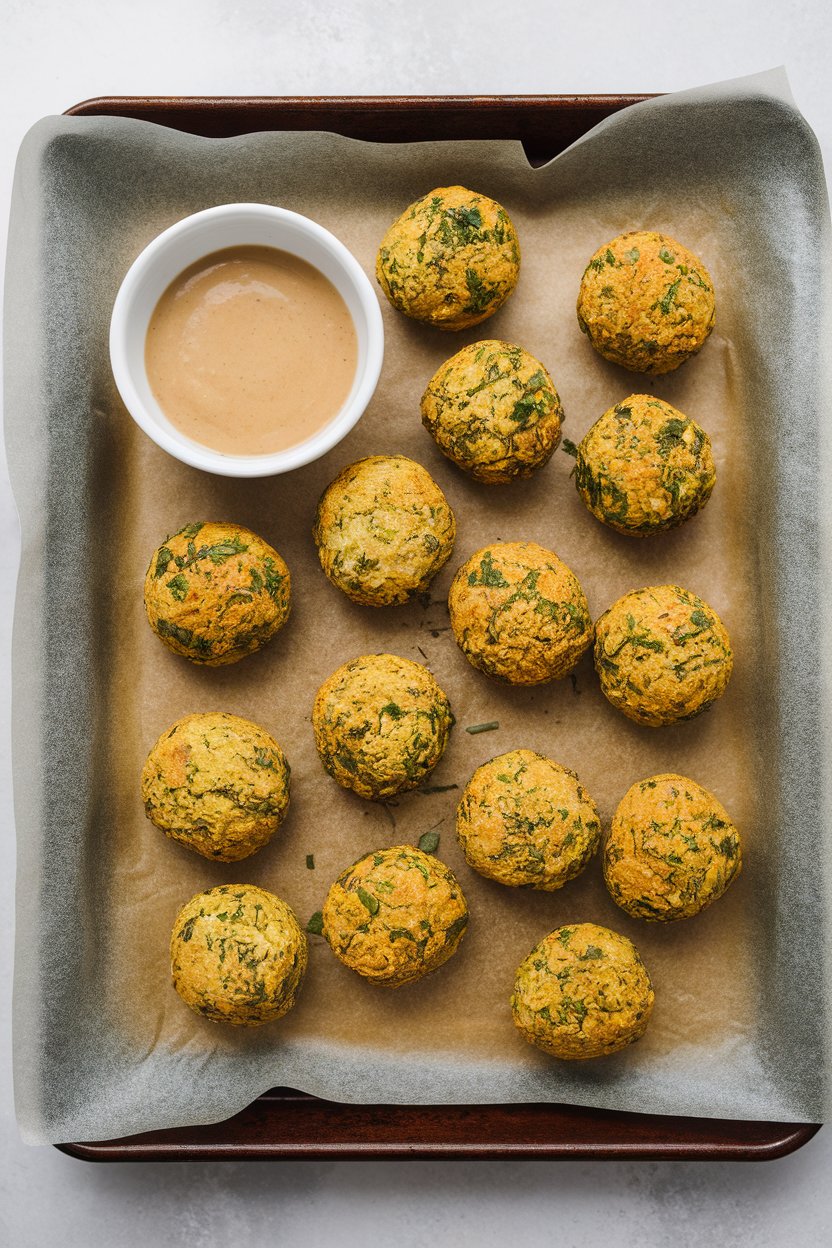 An indoor baking sheet lined with parchment holding golden baked falafel balls, small bowl of tahini sauce nearby. No text or logos; photo, not illustration.