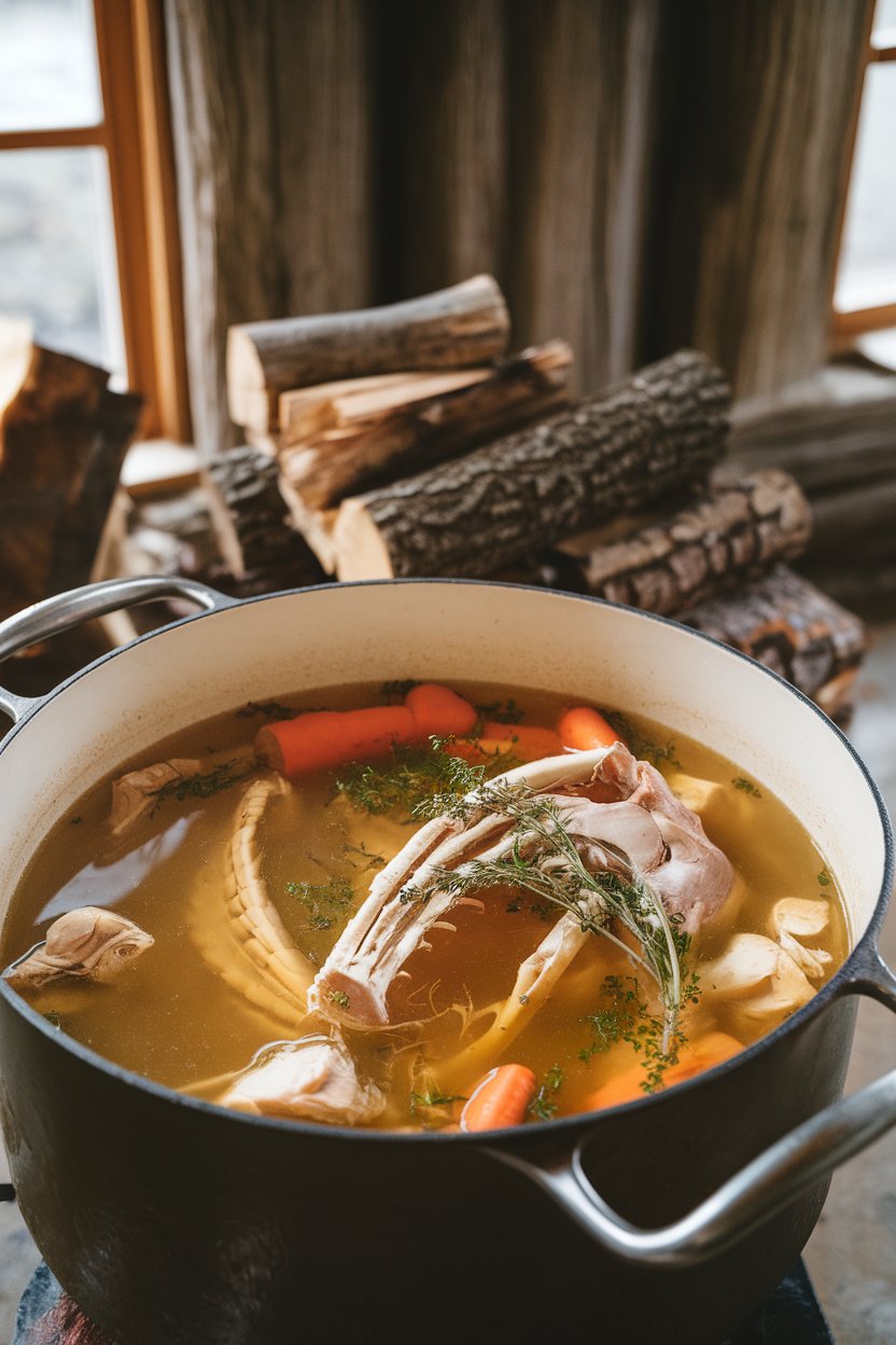 A stockpot indoors simmering golden broth with visible turkey bones, carrots, and herbs; no text or logos, photo only