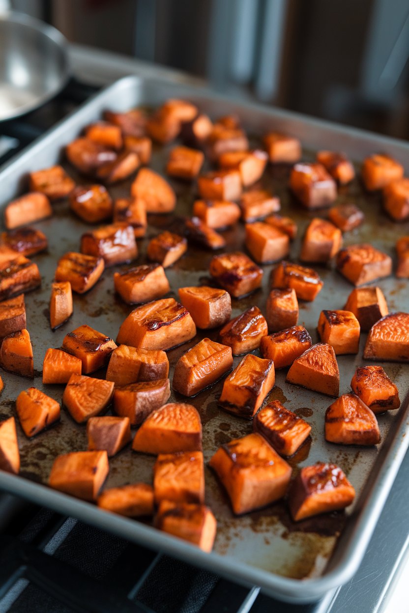 A sheet pan indoors holding cubed sweet potatoes glazed with chipotle-honey mixture, edges caramelized. No logos or text.