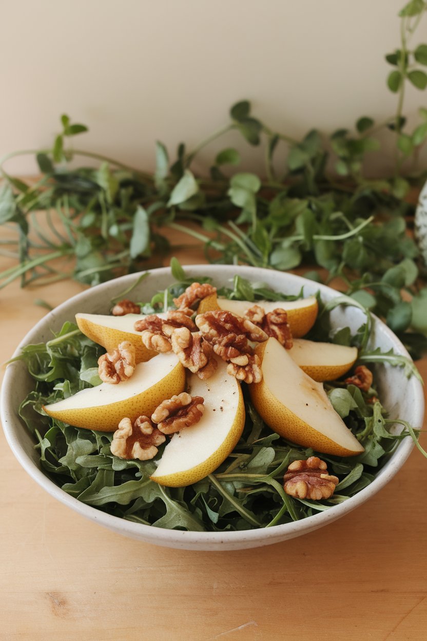 A salad bowl indoors of peppery arugula topped with sliced pears and toasted walnuts, light vinaigrette visible; no text or logos, photo only