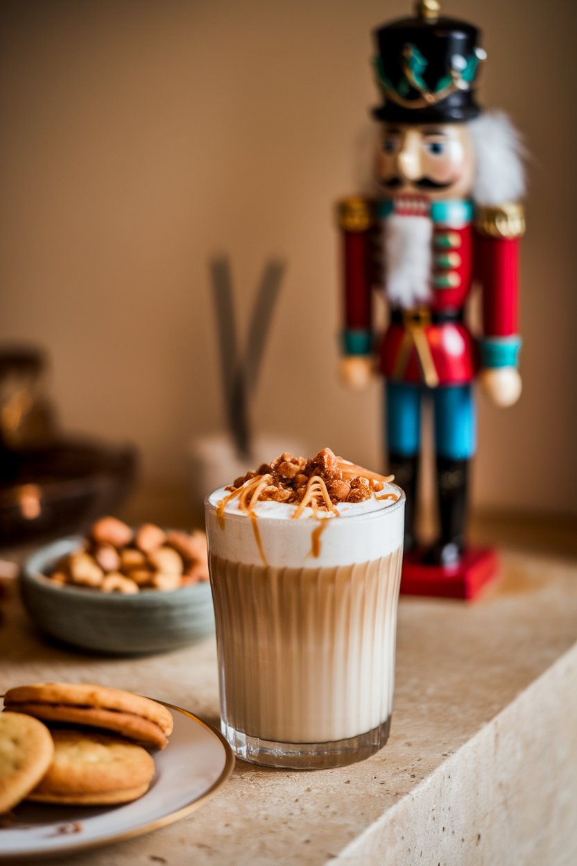 Warm indoor countertop showing a latte glass garnished with crushed praline and caramel threads, a nutcracker figurine blurred in background. No brand names or logos present. Photo only.