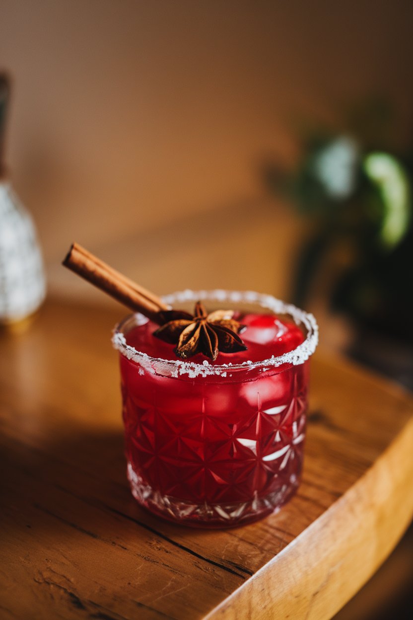 Photo of a pomegranate margarita indoors on a wooden table, cinnamon stick resting across the rim, star-shaped anise pod floating on top; no text or logos.