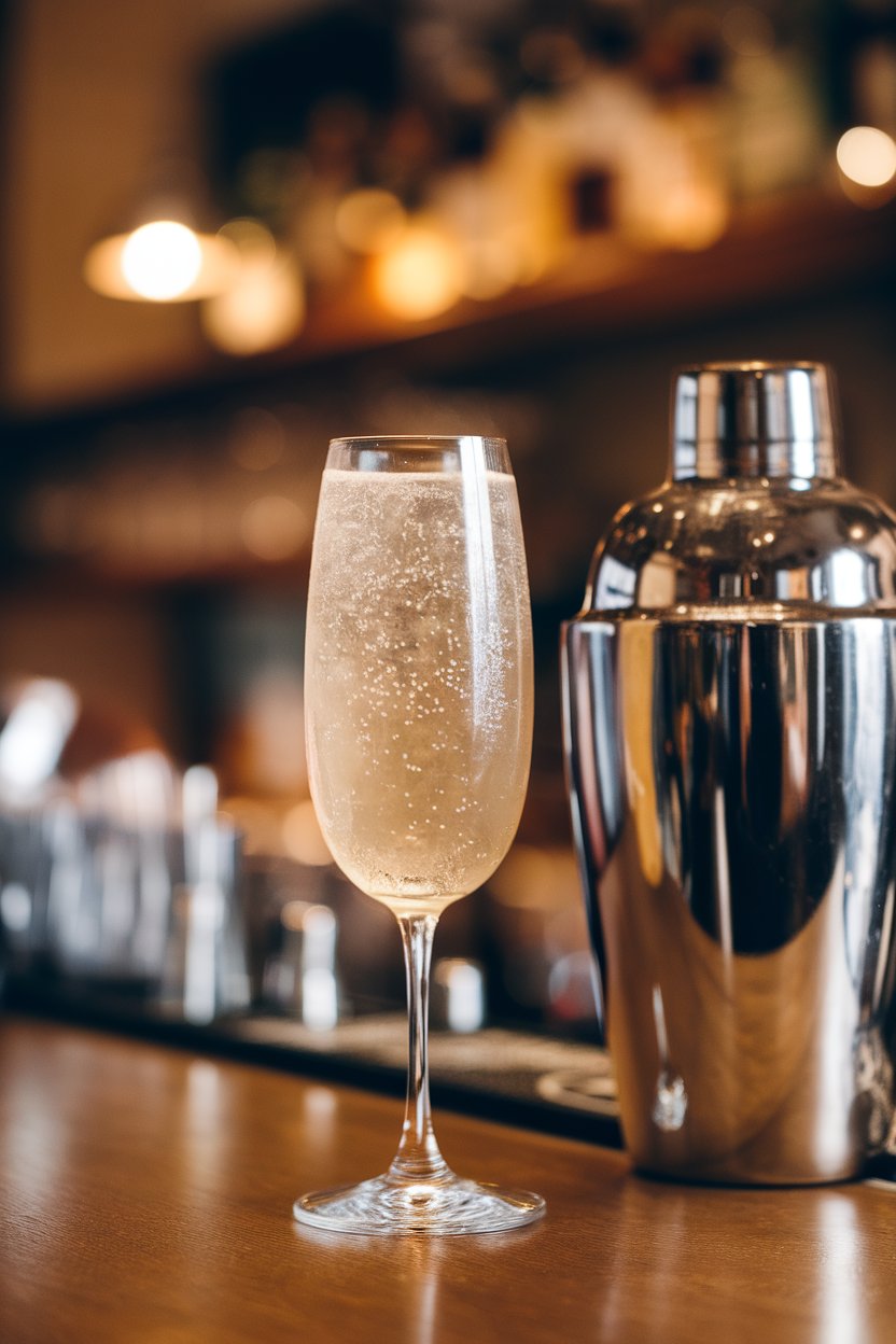 An indoor bar top with a tall flute of pale gold French 75, fine bubbles racing to the surface beside a metal cocktail shaker. No text or logos.