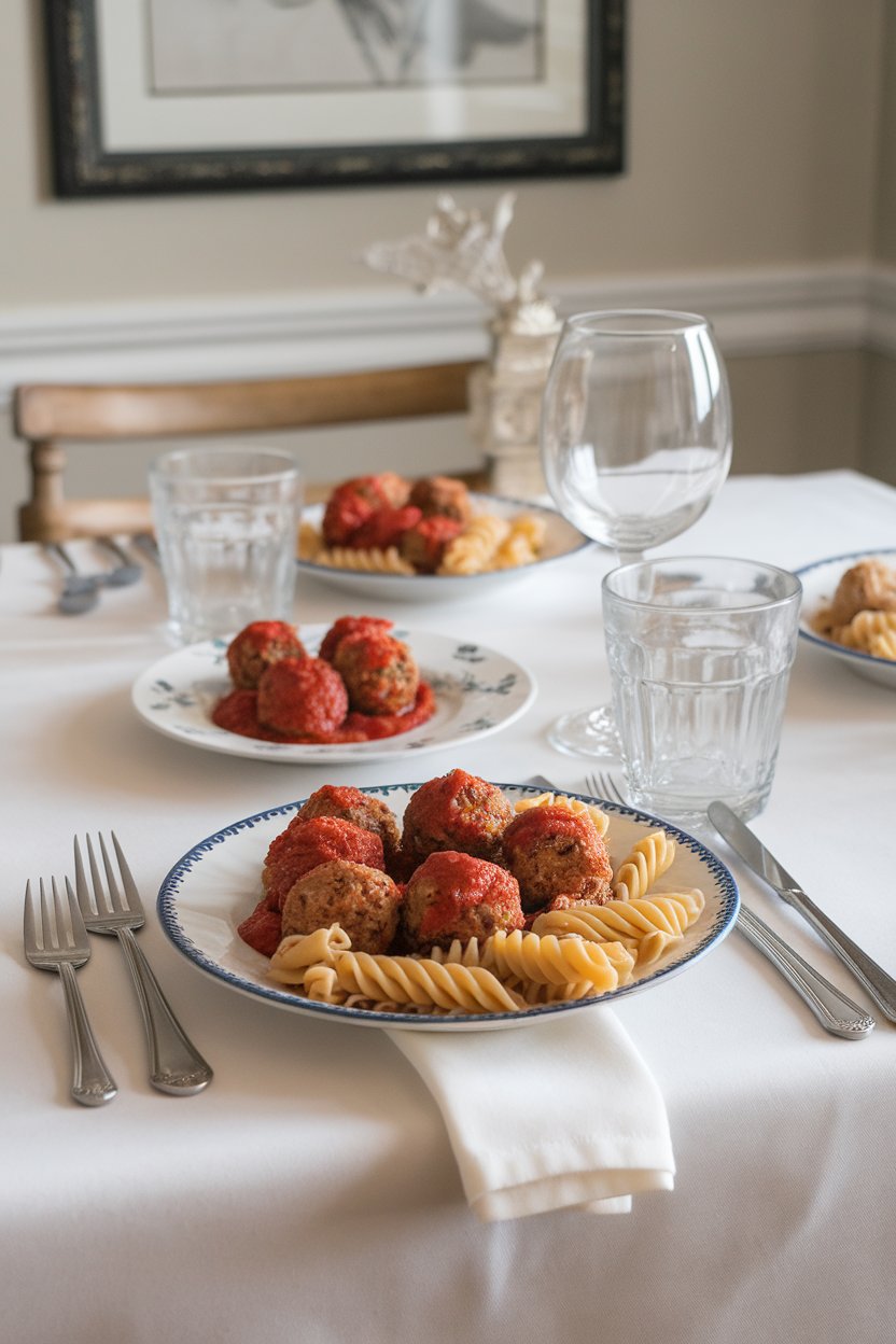 An indoor family dining table showcasing mini turkey meatballs with marinara and whole-wheat pasta spirals; no logos. Photo.