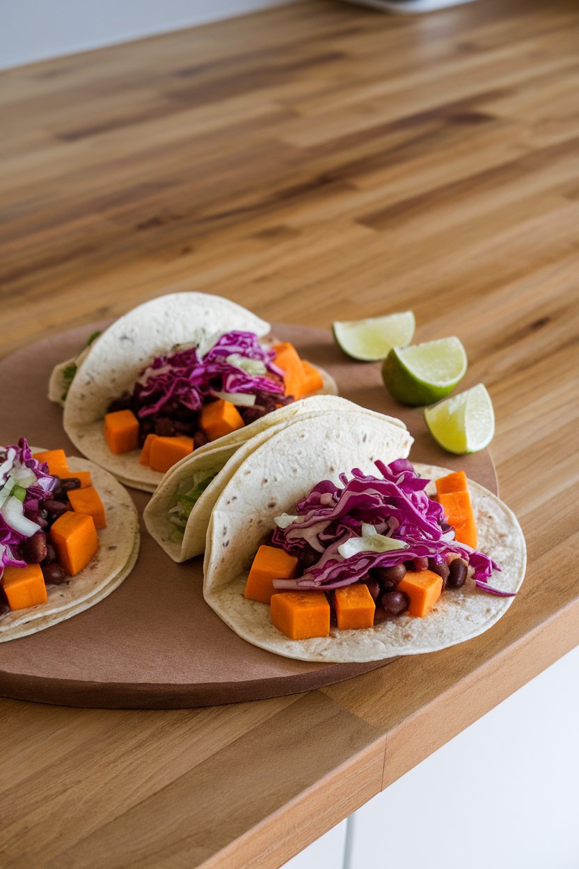 A wooden indoor countertop with soft corn tortillas folded around orange sweet potato cubes, black beans, and purple cabbage slaw, lime wedges on the side. No text or logos; photo, not illustration.