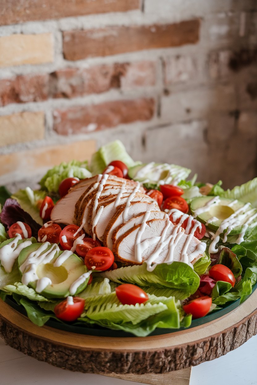 Indoor photo of crisp romaine leaves filled with sliced roast turkey, avocado slices, tomato, and a light yogurt dressing, arranged on a wooden platter. No text or logos visible.