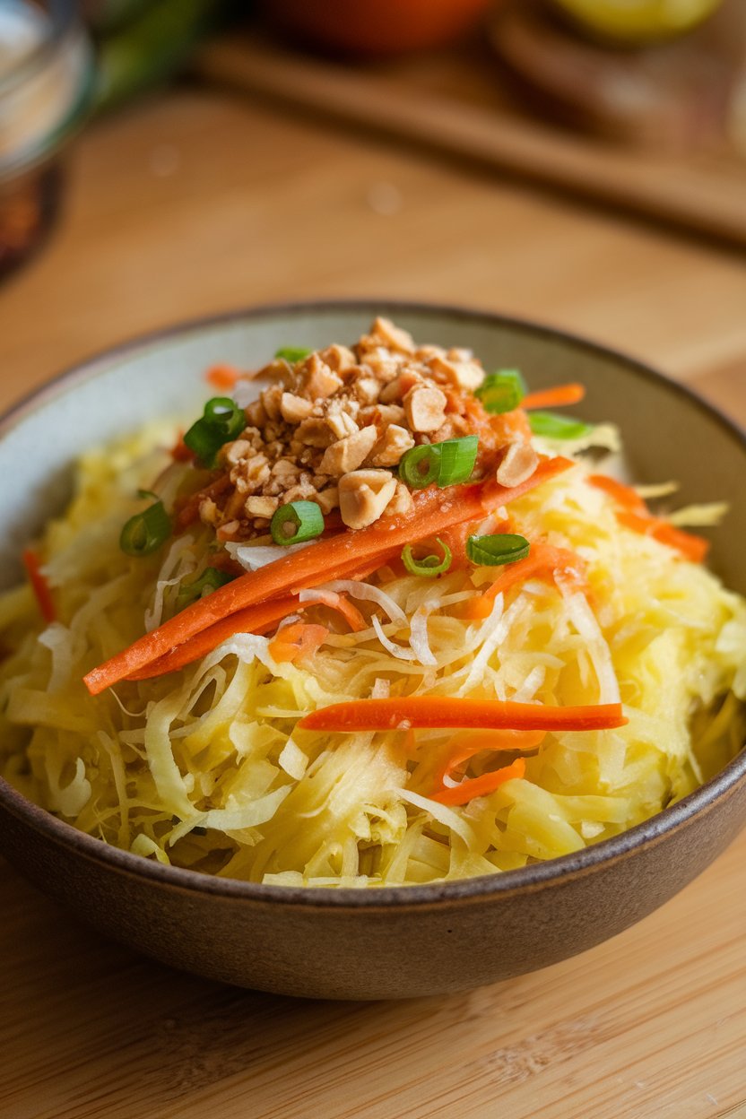 Indoor bowl of spaghetti squash strands tossed with shredded carrots, green onions, and crushed peanuts in tamarind sauce. No text or logos. Photo.