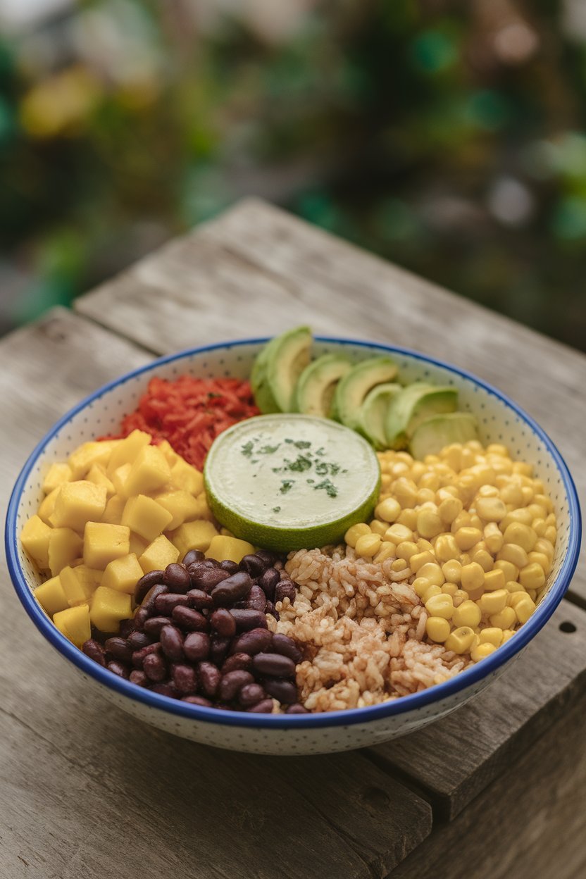 Indoor photo of a wide bowl featuring brown rice, black beans, diced mango, corn, and avocado, drizzled with lime dressing. No logos or text visible.