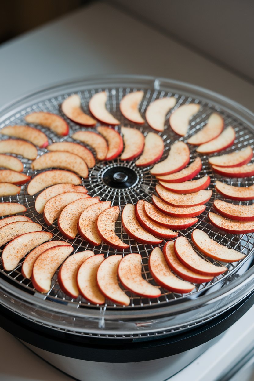 An indoor dehydrator tray lined with thin cinnamon-sprinkled apple slices, photo, no logos.