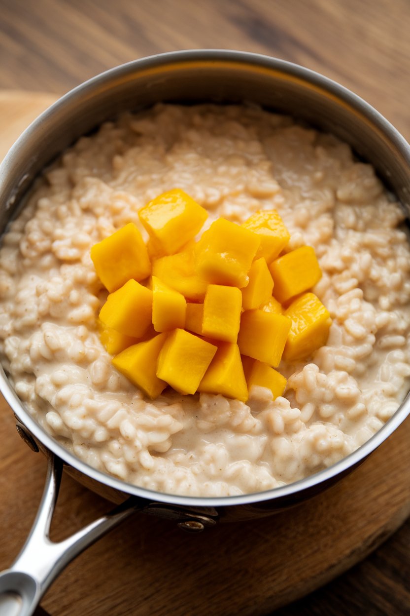 An indoor saucepan filled with creamy coconut brown rice pudding topped with diced mango, photo, no logos.
