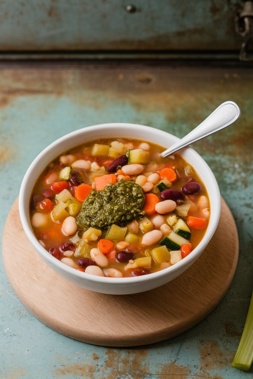 Indoor photo of colorful minestrone soup with beans, diced veggies, and a spoonful of green pesto on top; no text or logos