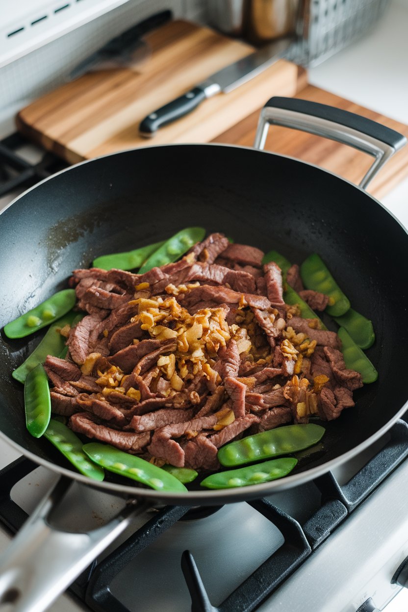 A wok on an indoor stovetop filled with thin beef strips, bright snow peas, and a glossy ginger-garlic glaze. No branding visible on utensils.