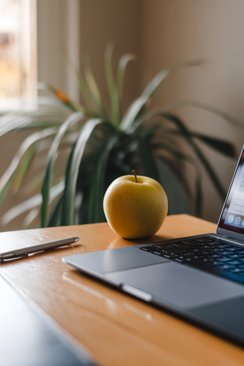 Photo of an indoor workspace desk with a crisp apple beside a closed laptop; afternoon light; no text or logos.