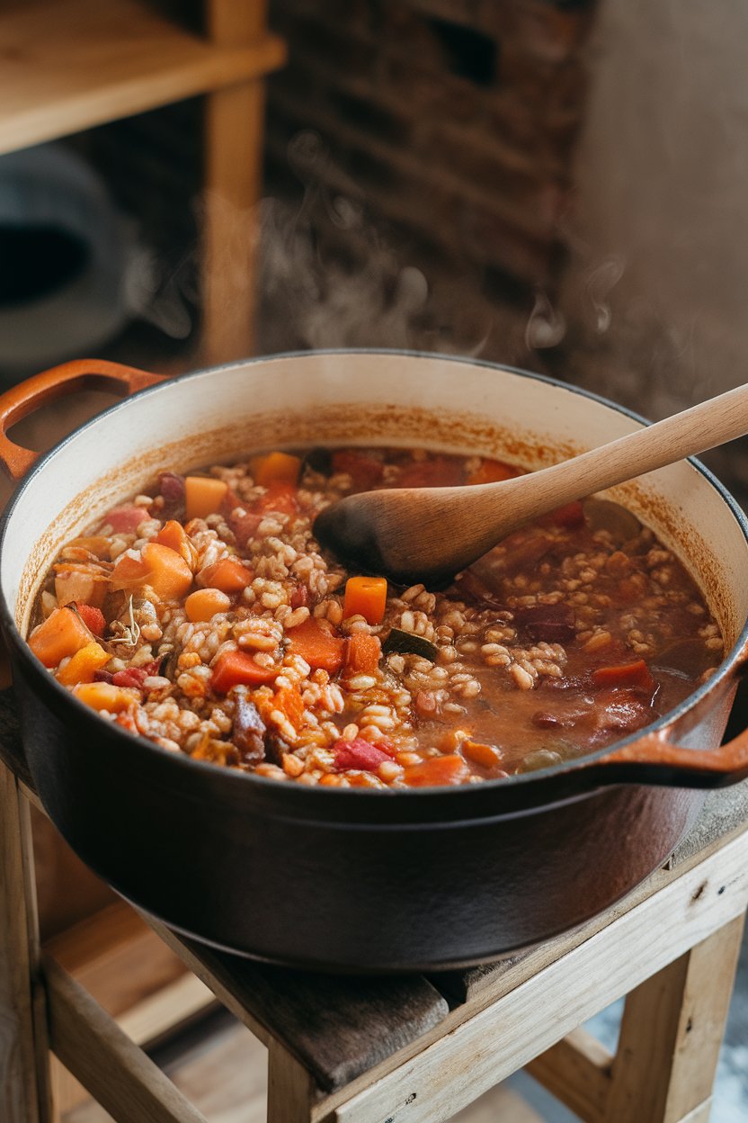 Indoor photo of a Dutch oven filled with chunky vegetable and barley stew, ladle inside, steam visible. No text or logos.