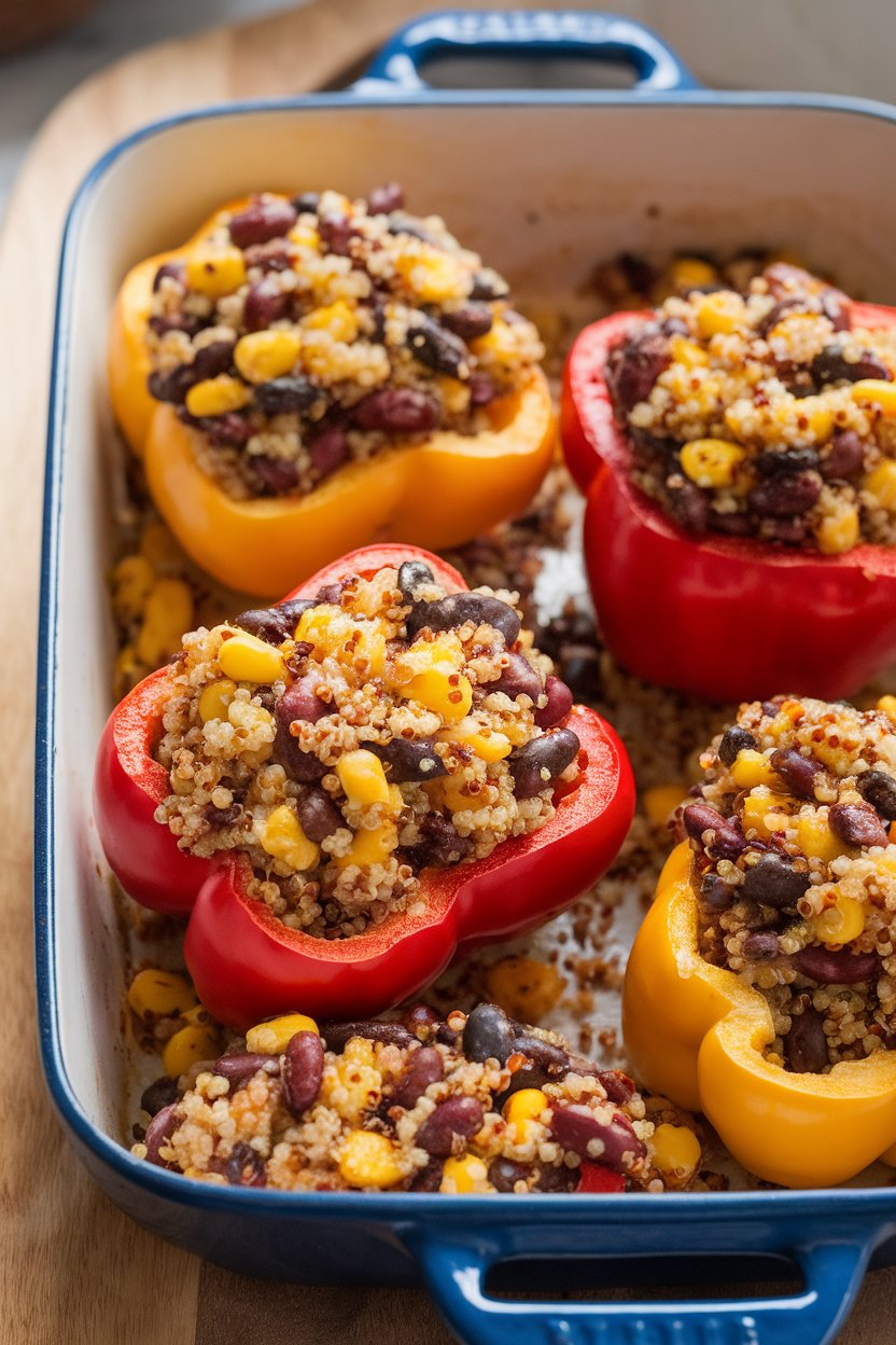 Photo of halved bell peppers filled with quinoa, black beans, and corn, baked and served on an indoor casserole dish. No logos or text.