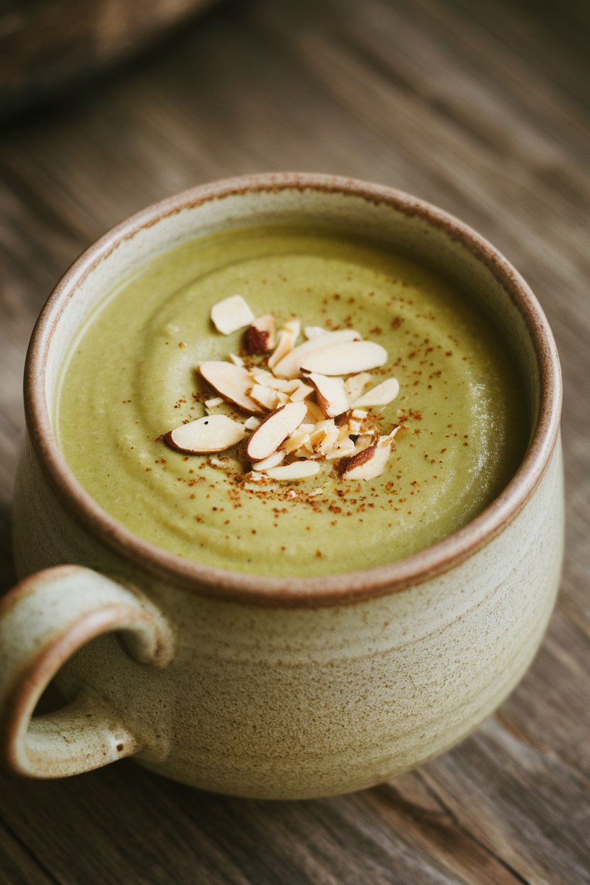 Indoor photo of pale green broccoli almond soup served in a stoneware mug, topped with slivered almonds; no text or logos