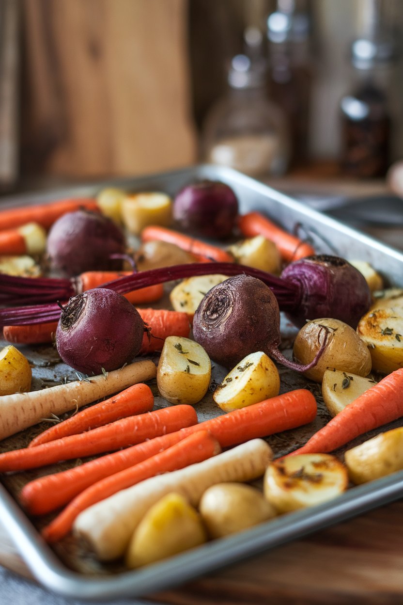 An indoor dining table displaying a colorful medley of cooked beets, carrots, parsnips, and golden potatoes on a sheet pan, herbs scattered. No text or logos.