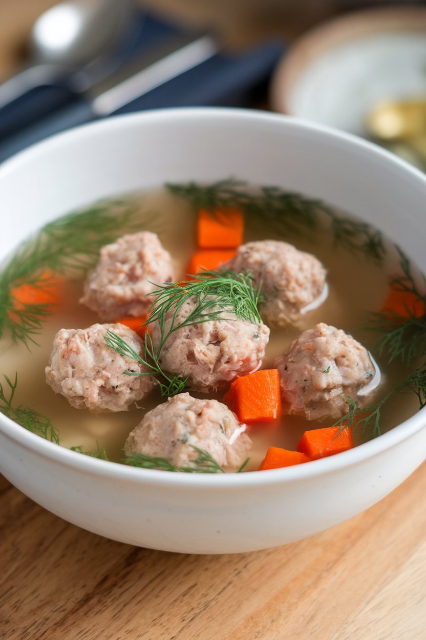 Indoor photo of broth soup with small turkey meatballs, diced carrots, and fresh dill floating on top; no text or logos