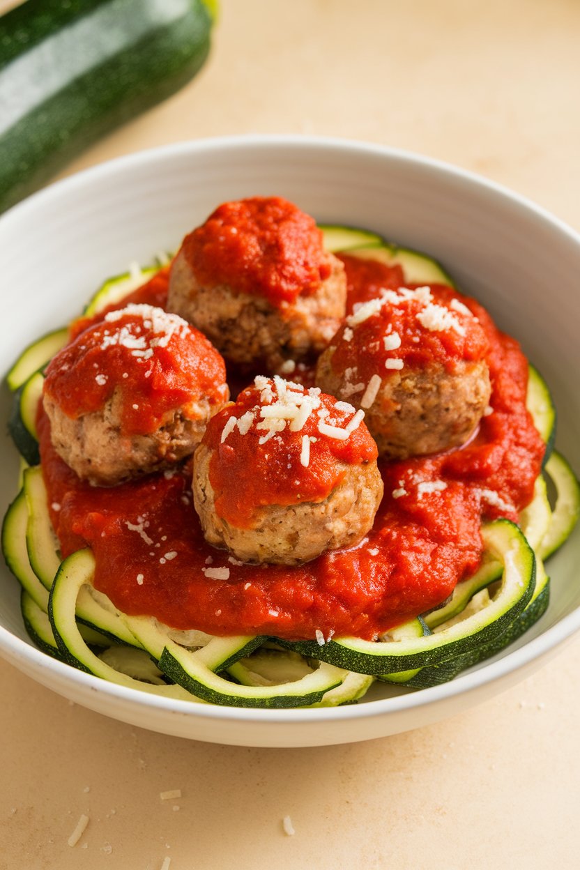 Photo of an indoor bowl containing turkey meatballs in marinara atop spiralized zucchini, Parmesan sprinkled lightly, no text or logos