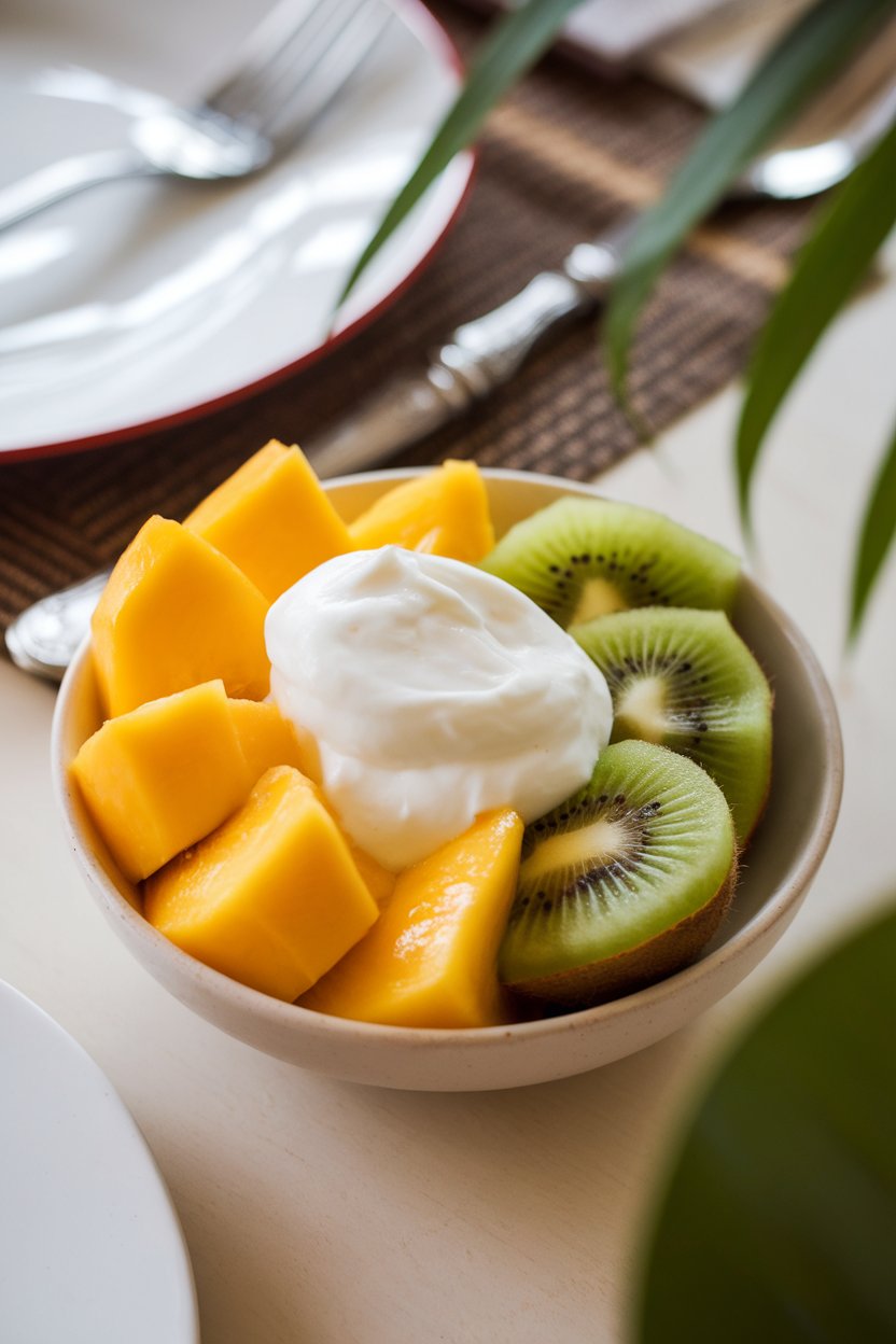 Photo on a dining table of a bowl of sliced mango and kiwi topped with a dollop of coconut yogurt, no logos.