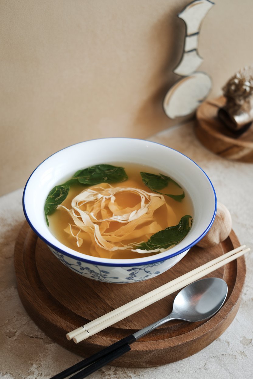 Indoor photo of a bowl of clear broth with delicate egg ribbons and floating spinach leaves, no text or logos