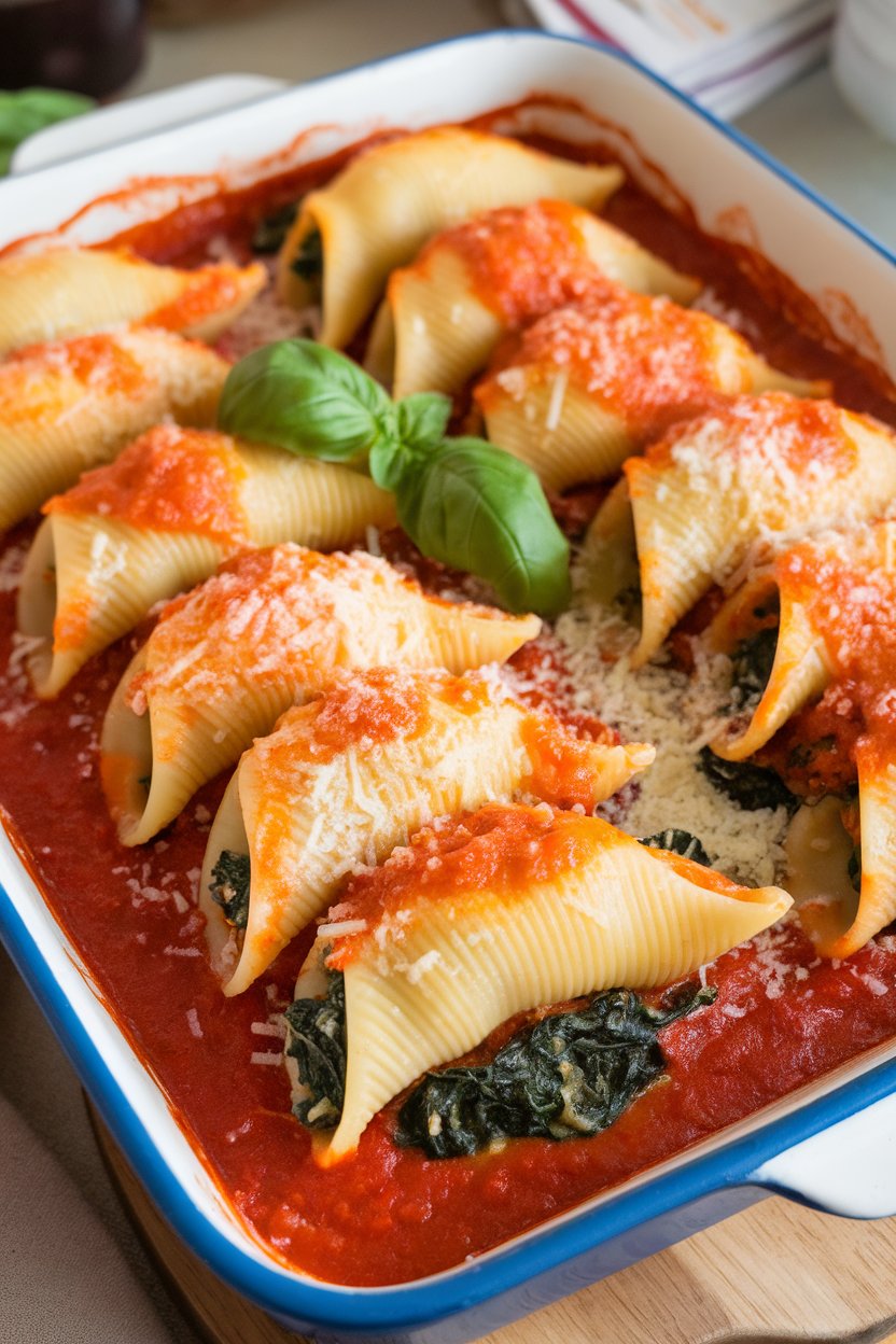 Indoor casserole of jumbo pasta shells stuffed with spinach ricotta mix, marinara bubbling around. No text or logos.