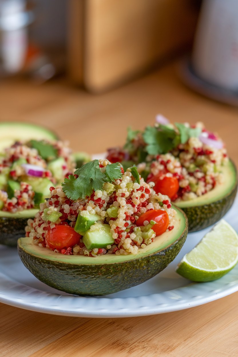 Indoor plate with avocado halves overflowing with colorful quinoa salad, lime wedge on side. No logos or text.