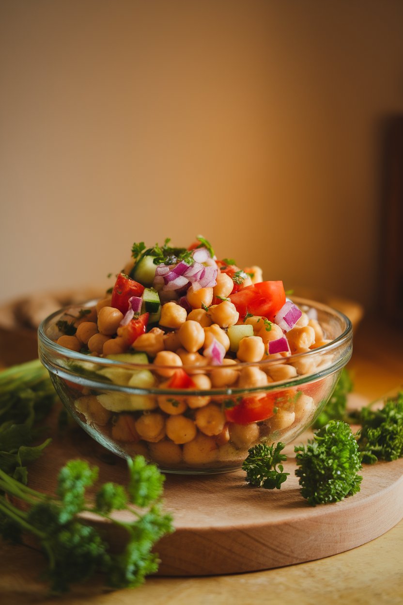 A warmly lit indoor kitchen table featuring a bowl of chickpeas mixed with diced cucumber, tomato, red onion, and parsley, dotted with olive oil droplets. No text or logos present. Photo only.