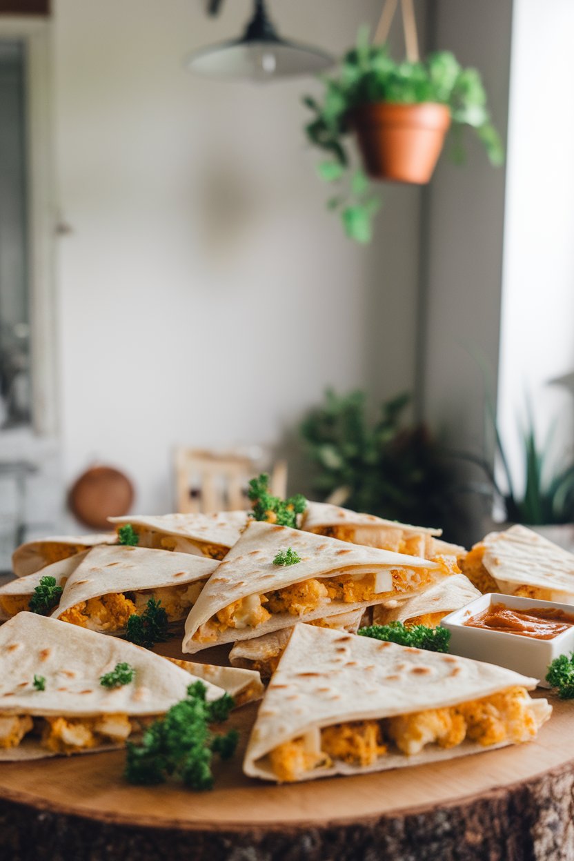 Indoor appetizer board, roasted cauliflower cheddar quesadilla triangles, photo, no text or logos.