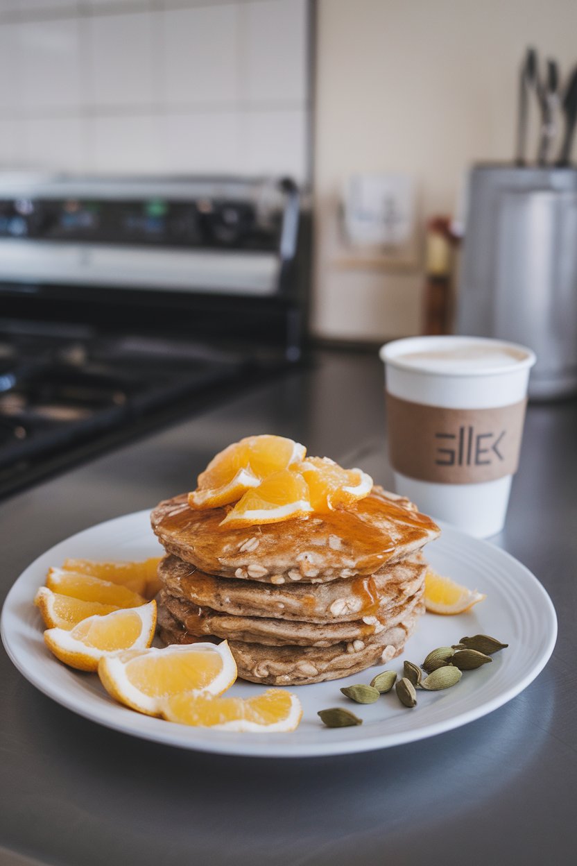 Indoor breakfast scene with oat pancakes drizzled in citrus segments, cardamom pods nearby; no logos.