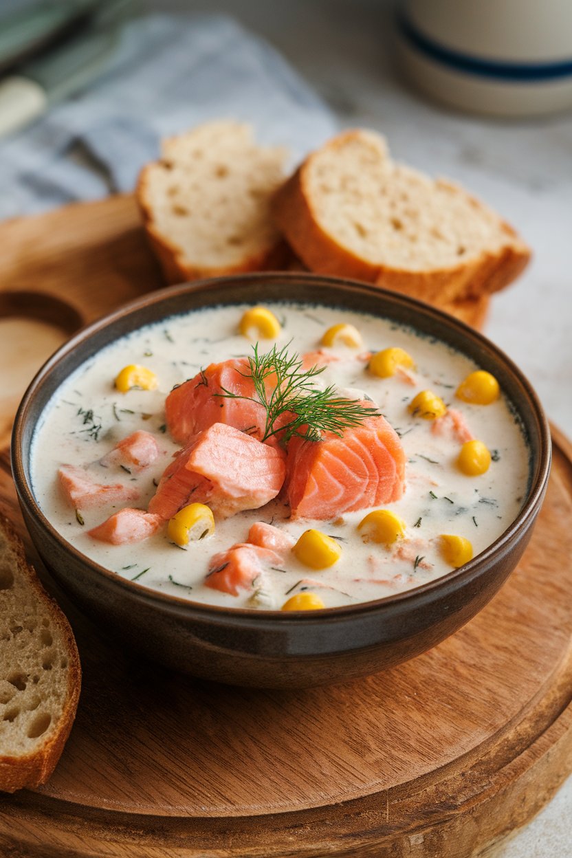 Indoor photo of creamy chowder with chunks of cooked salmon and yellow corn, garnished with fresh dill; no text or logos