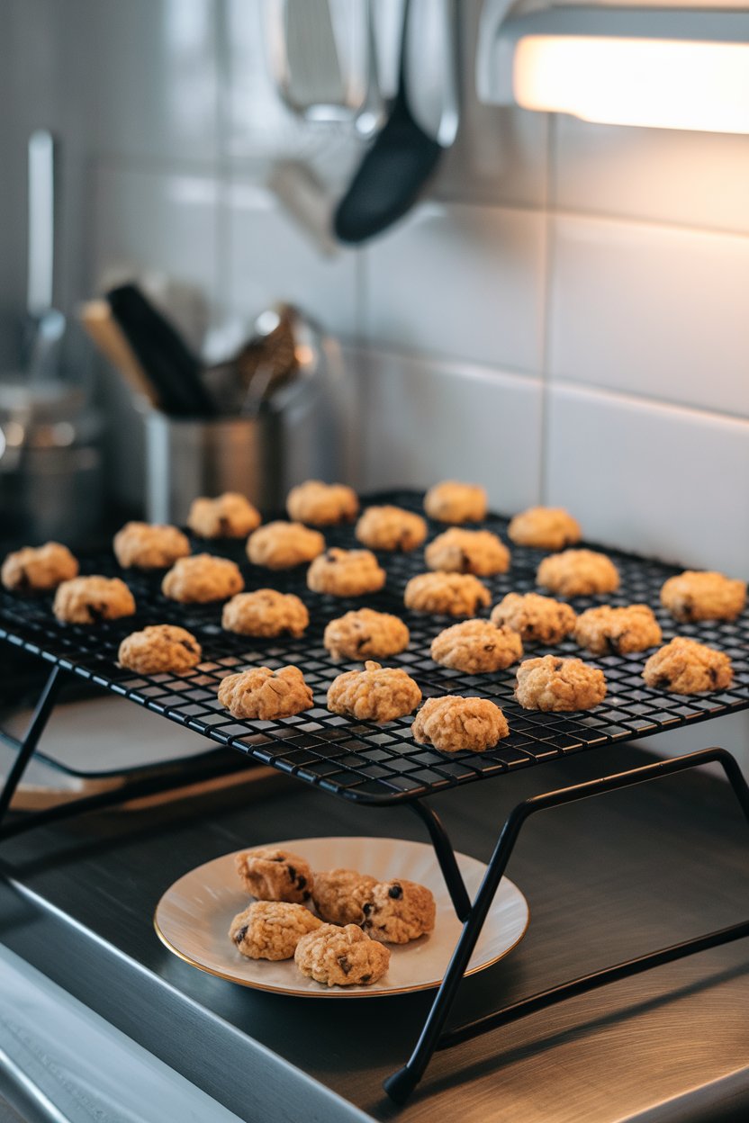 A cooling rack on an indoor counter with tiny round oatmeal raisin cookies, golden and chewy. Photo, no branding.