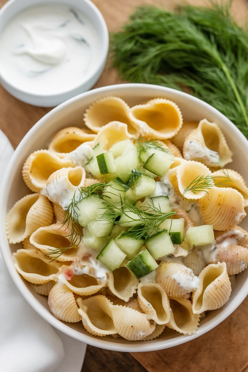 An indoor photo of shell pasta with diced cucumber, fresh dill, and creamy yogurt dressing; no text or logos.