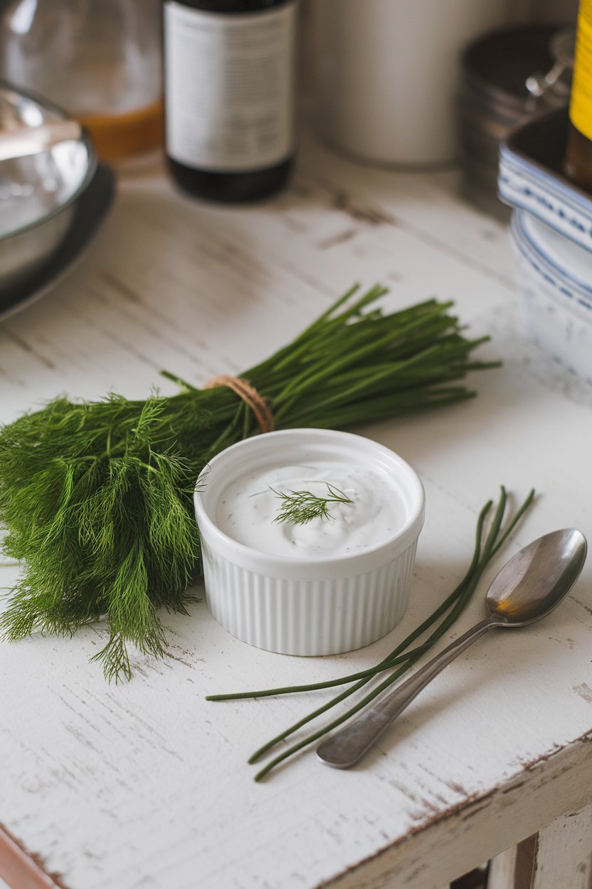An indoor farmhouse table holding a ramekin of yogurt ranch dressing alongside fresh dill, chives, and a spoon. Photo, not illustration. No text or logos.