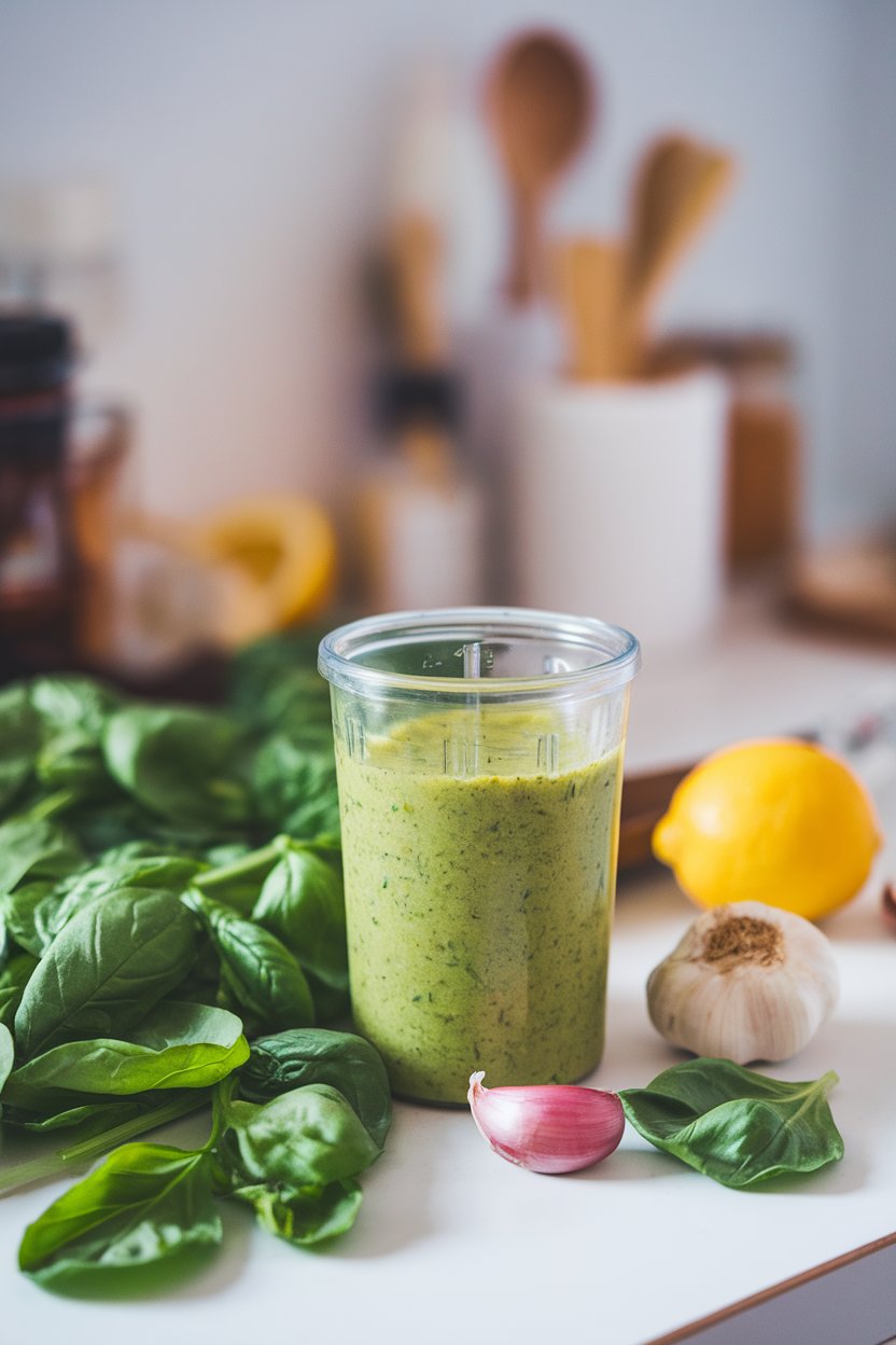 Indoor countertop featuring a blender cup of bright green spinach basil dressing, fresh spinach leaves and basil stems nearby. Photo, not illustration. No text or logos.