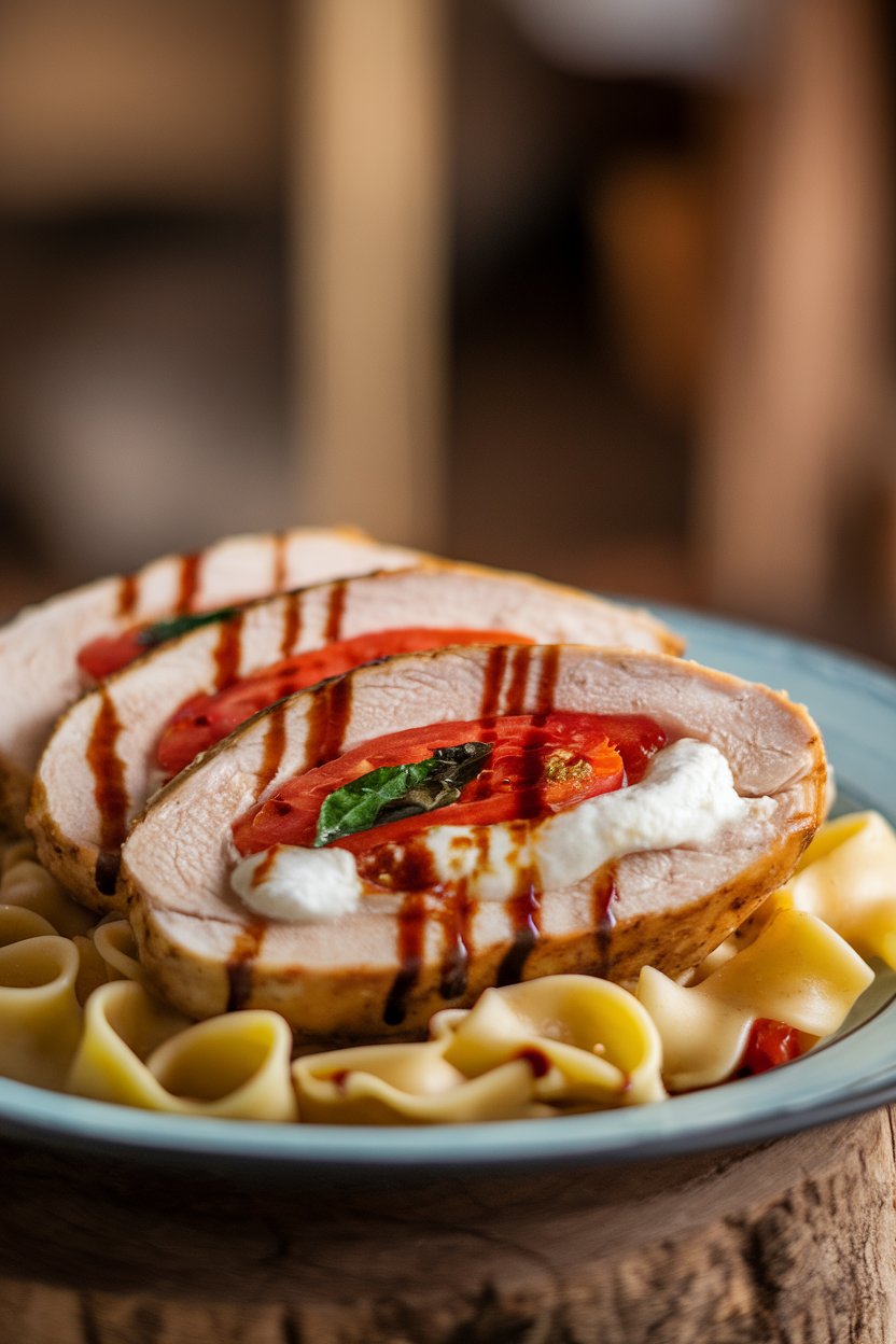 Indoor plate with a sliced chicken breast revealing melted mozzarella, tomato, and basil inside, drizzled lightly with balsamic reduction. No text or logos on the plate.
