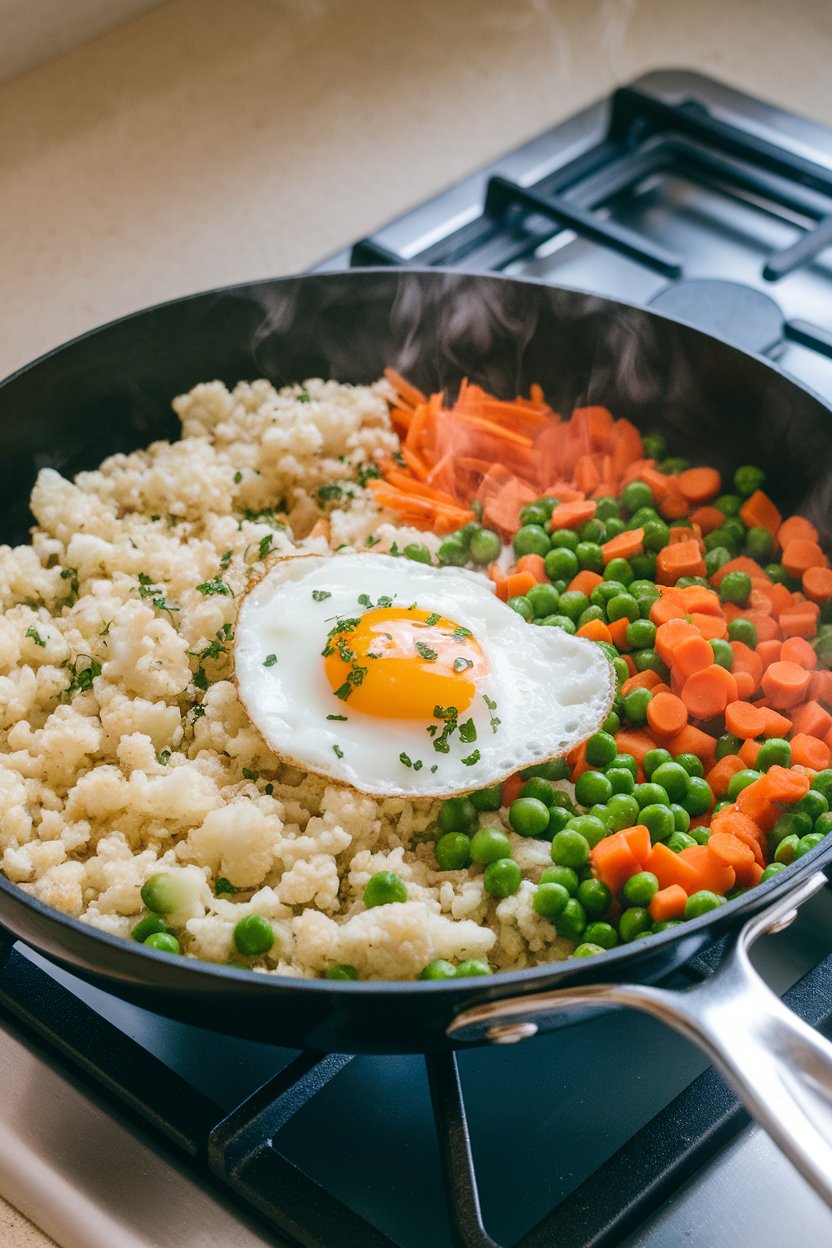 A non-stick skillet on an indoor stovetop filled with cauliflower rice, peas, carrots, and scrambled egg, steam gently rising. No text or logos visible. Photo only.