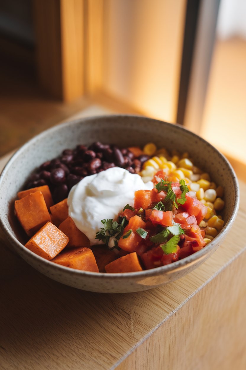 A shallow indoor bowl filled with roasted sweet-potato cubes, black beans, corn, salsa, and a dollop of Greek yogurt; warm indoor lighting; photo, no text or logos.
