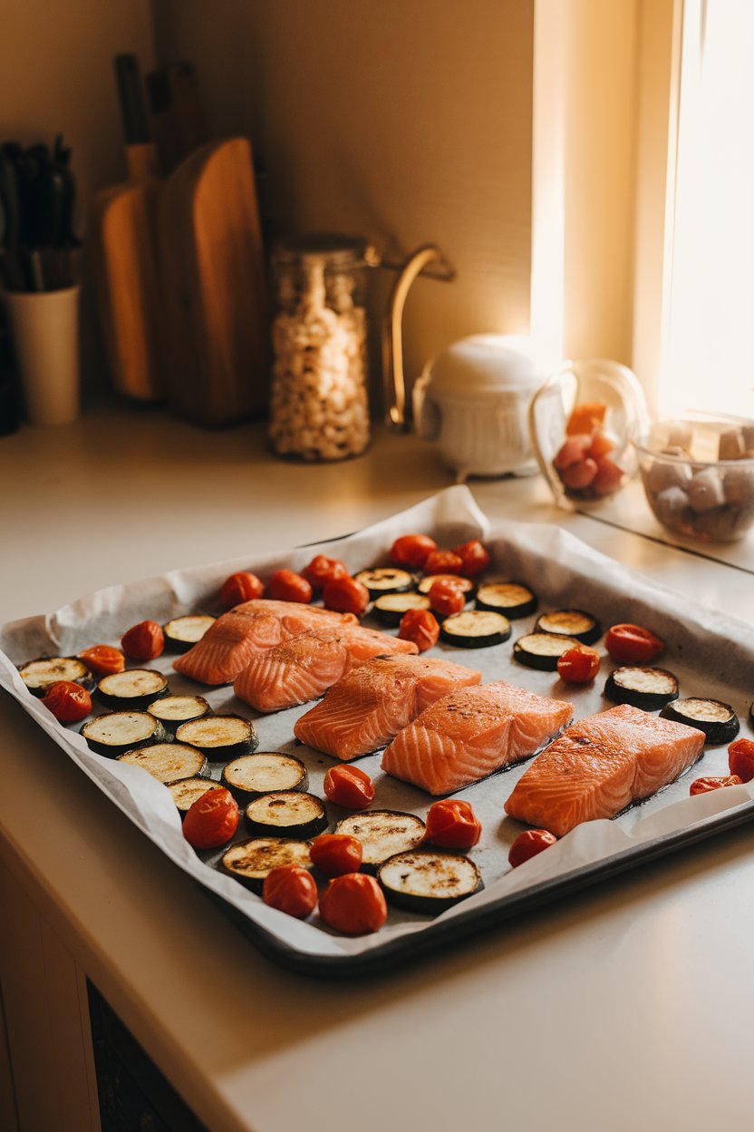 Warmly lit indoor kitchen counter featuring a parchment-lined sheet pan with cooked salmon fillets, roasted zucchini rounds, and cherry tomatoes. No raw fish in view; no logos.