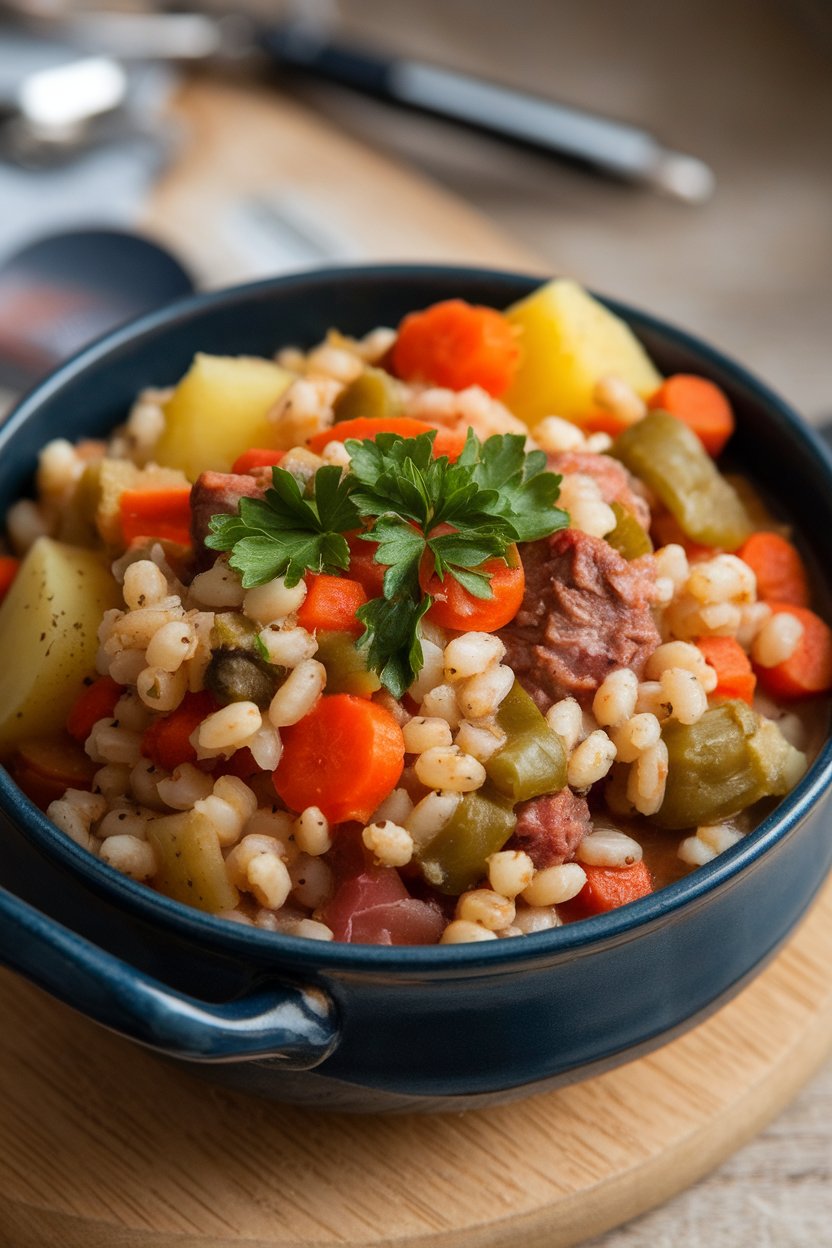Indoor photo of chunky vegetable and barley stew in a deep bowl, parsley sprinkled, no text or logos