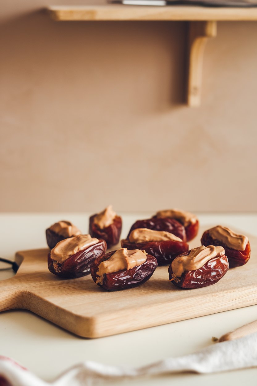 Indoor cutting board scene featuring Medjool dates split open and filled with creamy peanut butter, a few date pits off to the side. No text or logos.