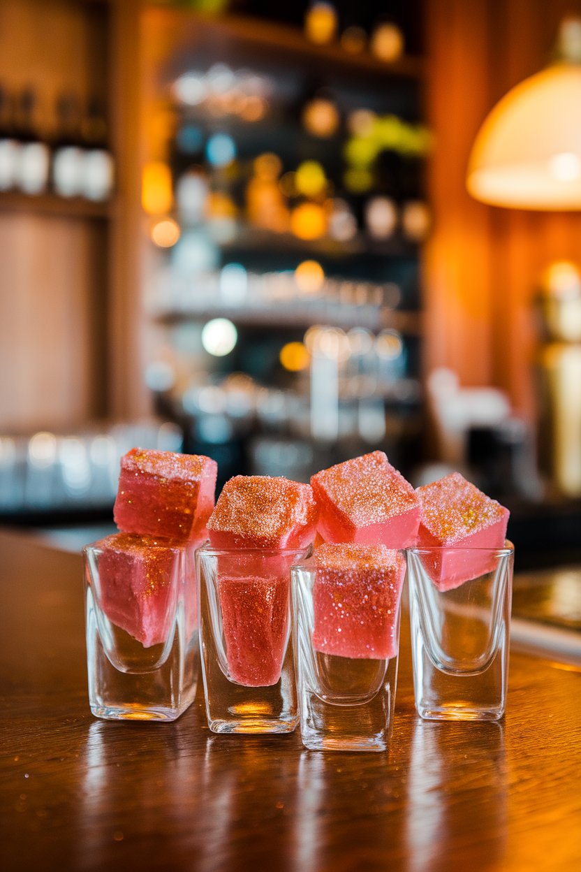 Photo of clear shot glasses holding pink rosé gelatin squares dusted with edible glitter, indoor bar; no text or logos.