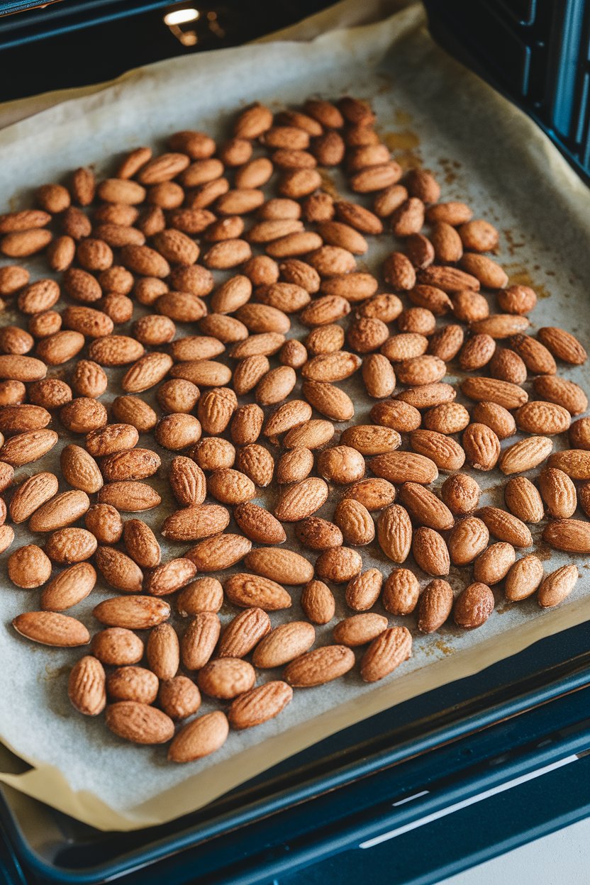 Indoor oven tray containing roasted almonds coated in cinnamon and a hint of maple syrup, cooling on parchment. No text or logos.
