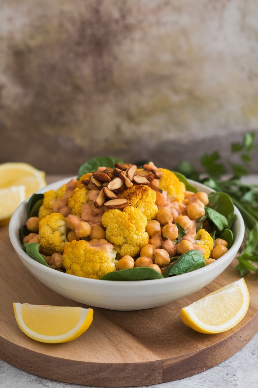 Photo of an indoor bowl containing a turmeric-roasted cauliflower and chickpea salad with baby spinach. No text or logos visible.